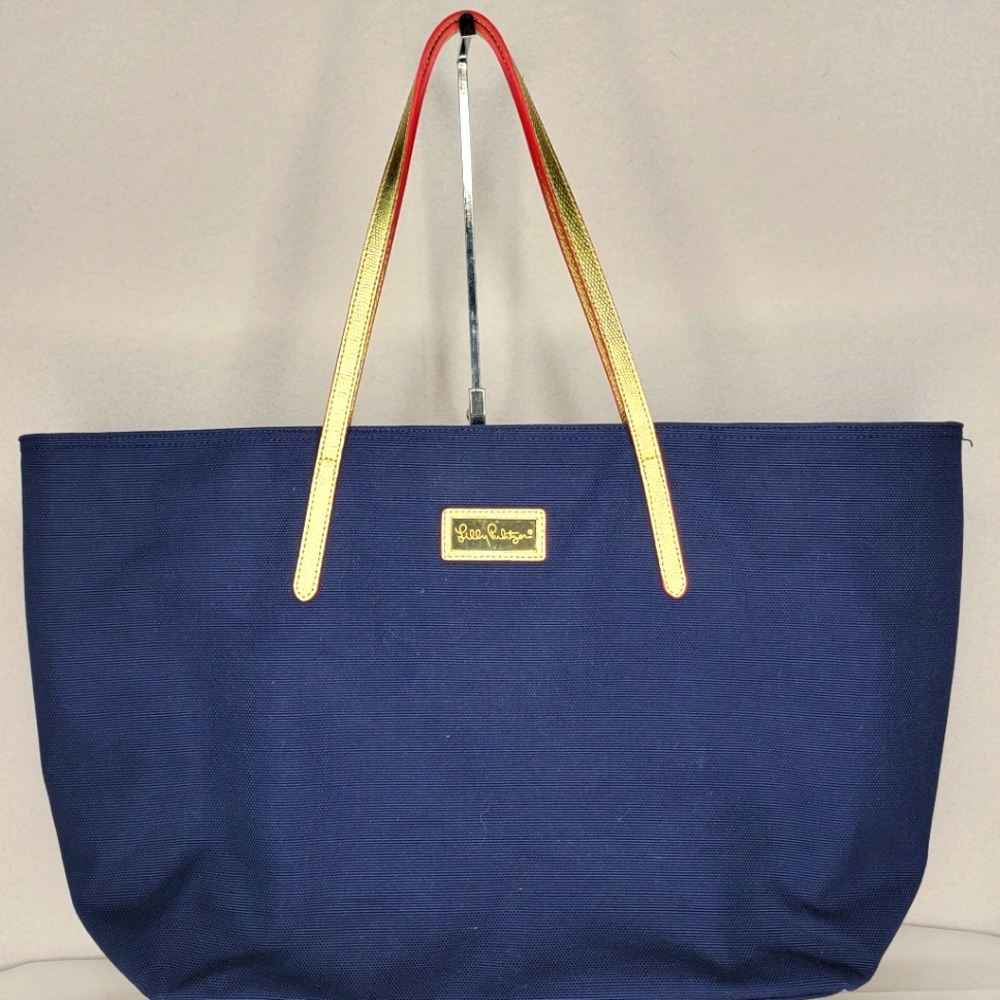 Lilly Pulitzer Navy Tote w/ Gold Leather Straps and‎ Gold Hardware. P140
